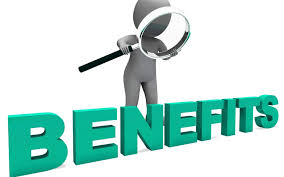 3D "BENEFITS" text with figure holding magnifying glass.