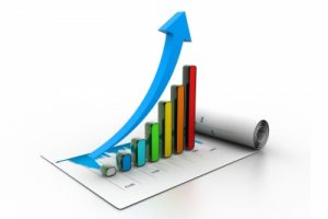 3D bar graph with rising arrow.