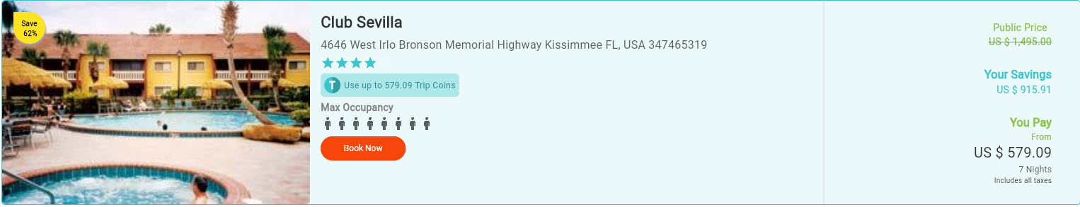 Club Sevilla resort pool view, Kissimmee Florida booking offer.